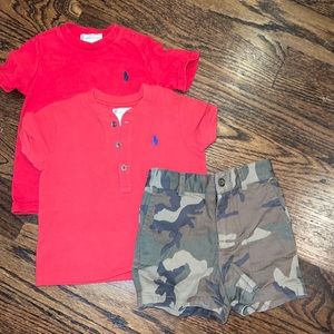 9mo Ralph Lauren Bundle - 2 Classic Red Shirts & Camo Shorts